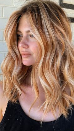 Copper Peach Blonde Hair, Peachy Blonde Hair, Peach Blonde Hair, Peachy Blonde, Peachy Hair Color, Peach Blonde, Peach Hair Colors, Root Melt, Copper Blonde Hair