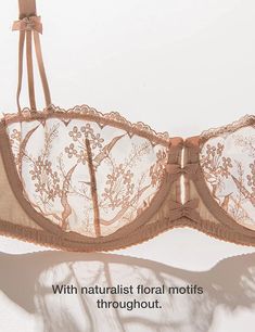 Embroidered Lace Unlined Bra Demi Sheer See Through Underwire Bras – WingsLove Unlined Bra With Underwire, Fitted Beige Bra With Lace Trim, Fitted Beige Lace Trim Bra, Fitted Floral Embroidery Bra, Elegant Brown Underwire Bra, Fitted Brown Underwire Bra, Lace Bra Top, Underwire Bras, Latest Bra