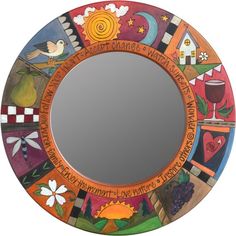 a colorful mirror with birds, flowers and other things on the surface that is painted to look like a circle