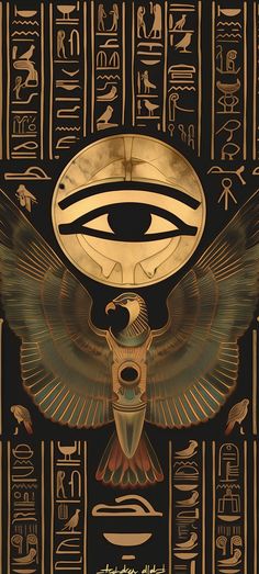 an image of egyptian symbols and the eye of horush on a black background