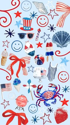 an image of some patriotic items on a blue background with stars, stripes and circles