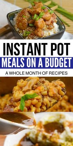 the cover of instant pot meals on a budget, including rice and meat with vegetables