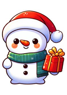 a cartoon snowman with a christmas hat and scarf holding a gift box in his hand