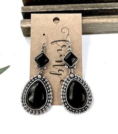 Be sure to check our shop announcements for any current sales or coupon codes!  All discount information will be posted there.  Western fashion dangle earrings: Black faux western stones Length- Approx. 3" Back- Fish hook back Burnished silver metal   Distressed details Stones will vary in design.  Each is has different characteristics. Nickel and lead compliant FINAL SALE- please check dimensions and details before purchasing, just to ensure these will work for you! I want you to LOVE your purc Black Bohemian Teardrop Dangle Earrings, Black Metal Teardrop Earrings, Black Teardrop Metal Earrings, Black Drop Earrings With Oxidized Finish, Black Metal Earrings With Oxidized Finish, Black Oxidized Metal Earrings, Teardrop Dangle Earrings, Loose Stones, Fish Hook