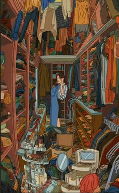 a woman standing in a closet filled with clothes