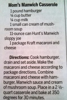 the recipe for mom's manwich casserole is shown in a newspaper