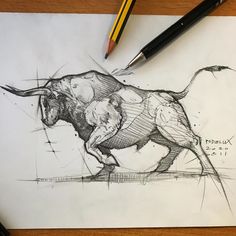 a pencil drawing of a bull running on paper with another pen next to it and an eraser