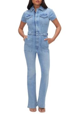 Feel powerful in this stretch-denim jumpsuit with snaps at the waist for a defined look and lots of handy pockets to keep you feeling organized. 56" regular length; 29" inseam; 18" leg opening (size Medium) Front half-zip closure Spread collar Short sleeves Chest flap-patch pockets; front patch pockets; back patch pockets Snap side tabs 72% cotton, 25% recycled cotton, 2% elasterell-p, 1% elastane Machine wash, tumble dry Imported Black Owned/Founded Feel Powerful, Perfume Gift Sets, Fragrance Design, Fabric Gift Bags, Denim Jumpsuit, Nordstrom Store, Good American, Fabric Gifts, Free Fabric