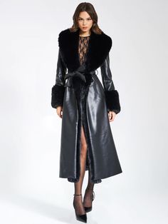 Zaida Black Faux Fur Trim Black Vegan Leather Coat – Miss Circle Black Leather Coat, Style Goals, Maxi Coat, Maxi Dress Cocktail, Black Vegan, White Faux Fur, Black Faux Fur, Dress With Cardigan, Faux Fur Jacket