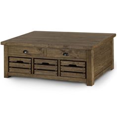 a wooden coffee table with drawers on top