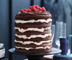 a chocolate cake with white frosting and raspberries on top