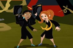 two women dressed in black are dancing together