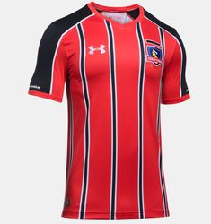 a red and black soccer jersey with stripes on the chest, short sleeves and collar