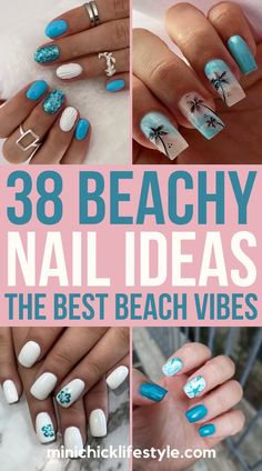 beach nail ideas Beach Theme Nails Designs Summer, Teal Beach Nails, Nail Designs For Beach, White Beach Nails, Nail Designs Vacation, Beach Nails Vacation Ocean, Beachy Nail Ideas, Beach Gel Nails, Summer Nail Color Ideas