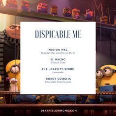 despicable me movie poster with minion characters in the back ground and behind it