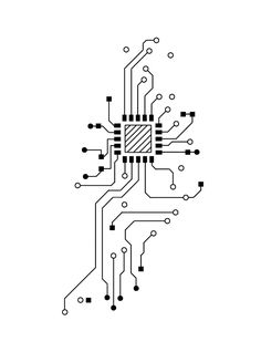 an electronic circuit board with many dots and lines on the bottom, in black and white