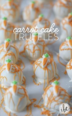 carrot cake truffles with white frosting and orange drizzle on top