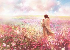 a painting of a woman standing in a field of flowers with her back to the camera