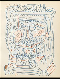 a blue and red drawing on paper with lines in the shape of an abstract face