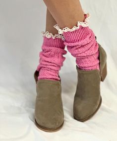 BOOTIE  lace slouch  socks - pink Elevate your bootie and ankle boot game with our exquisite pink tweed lace slouch socks. These charming socks are the perfect pairing for any bootie or ankle boot. The fine confetti knit adds a touch of elegance and complements a wide range of colors. 1/2" natural cotton lace cotton blend sock one size fits most women 6-9 MADE IN AMERICA sock is 10" from heel to toe 90% COTTON.10%NYLON one size fits most women  7-10 * Signature socks by Catherine Cole Quality la Lace Boot Socks, Women's Fall Fashion, Lace Ankle Socks, Trendy Socks, Short Ankle Boots, Slouch Socks, Stylish Socks, Pink Tweed, Lace Socks