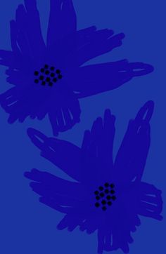 two blue flowers are shown against a dark blue background with black dots in the center