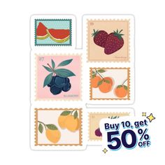 four stamps with fruit on them and the words buy 10 get 50 % off each