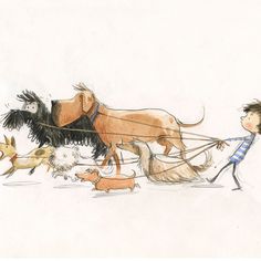 a drawing of a man pulling two dogs on a sleigh while another dog walks behind him