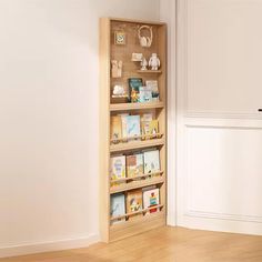 a book shelf in the corner of a room