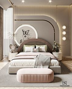 a large bed sitting in the middle of a bedroom next to a wall mounted clock