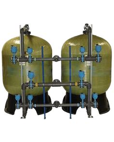 two large green tanks sitting next to each other in front of a white background with blue piping