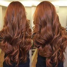 two pictures of the same woman's long, wavy red hair with brown highlights