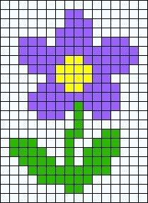 a cross stitch pattern with a purple flower on it's center and green leaves in the middle