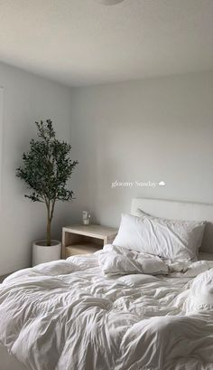 a bed with white sheets and pillows in a bedroom next to a small potted tree