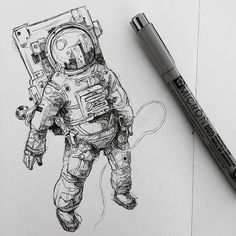 a pencil drawing of an astronaut floating in space