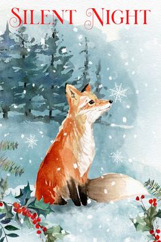 a watercolor painting of a fox sitting in the snow surrounded by holly and berries