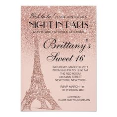 the pink glitter eiffel tower birthday party card