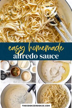 the steps to make homemade alfredo sauce are shown in four different pictures, including pasta being cooked