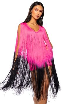 FLAPPER FRINGE MINI DRESS in black pink Fringe Clothing, Fringe Mini Dress, Stiletto Sandals, Plunging Neckline, Black Pink, Neon, Mini Dress, Sandals, Fabric