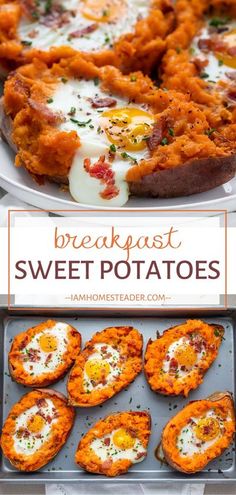 breakfast sweet potatoes with an egg on top and bacon in the middle are shown here