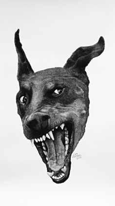 a black and white photo of a dog's head with it's mouth open