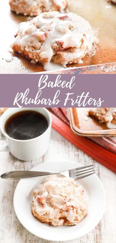 baked rhubarb cookies on a plate next to a cup of coffee