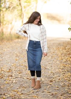 Bryn Denim Midi Skirt | Inherit Co. Activewear Dresses, Home Brunch, Modest Fall Outfits, Formal Skirts, Modest Winter Outfits, Styling Skirts, Jean Skirt Outfits, Pentecostal Fashion, Modest Skirt