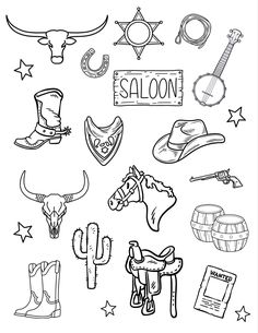 coloring page with cowboy related items for kids to color and print on the back side