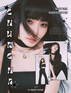 an advertisement for a korean fashion brand featuring a woman with black hair and blue eyes