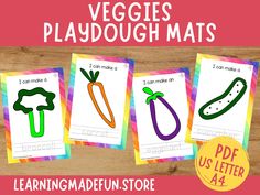 three vegetables playdough mats with the words learning madefun store on them