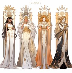 four women in gowns and tiaras standing next to each other on thrones