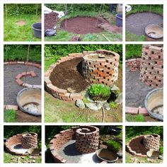 several pictures of different stages of building a brick fire pit