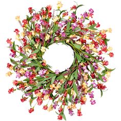 a wreath made out of flowers on a white background