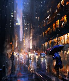 a painting of people with umbrellas in the rain on a city street at night