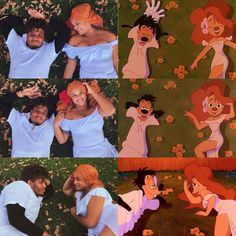 two people laying on the ground next to each other with cartoon characters behind them in different poses